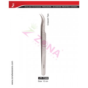 (Diamond Printed Handle) Crescent Tips Eyelash Extension Tweezers