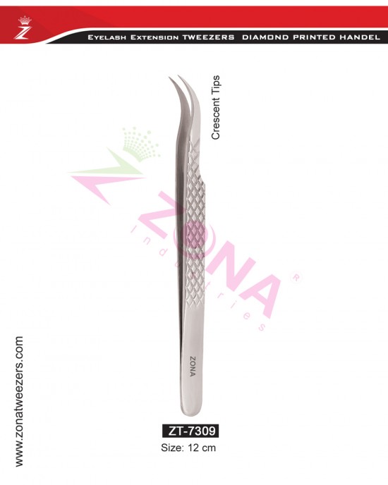 (Diamond Printed Handle) Crescent Tips Eyelash Extension Tweezers