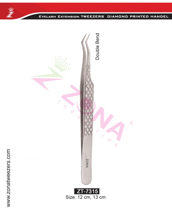 (Diamond Printed Handle) Double Bend Eyelash Extension Tweezers