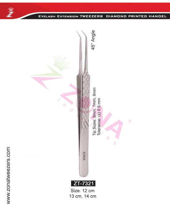 (Diamond Printed Handle) 45 Degree Angle Eyelash Extension Tweezers