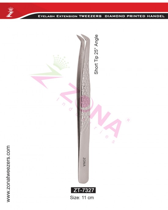 (Diamond Printed Handle) Short Tip 25 Degree Angle Eyelash Extension Tweezers