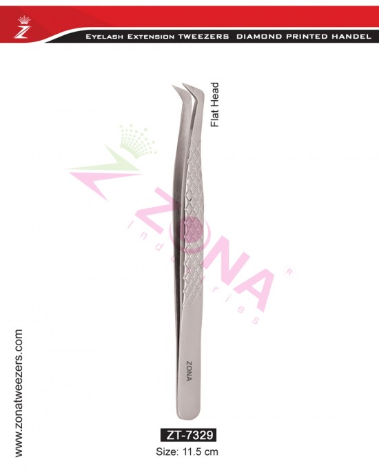 (Diamond Printed Handle) Flat Head Eyelash Extension Tweezers