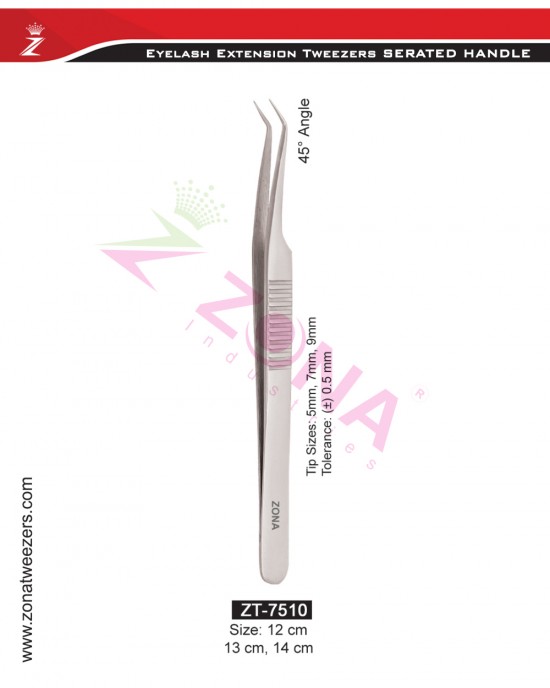 (Serrated Handle) 45 Degree Angle Eyelash Extension Tweezers