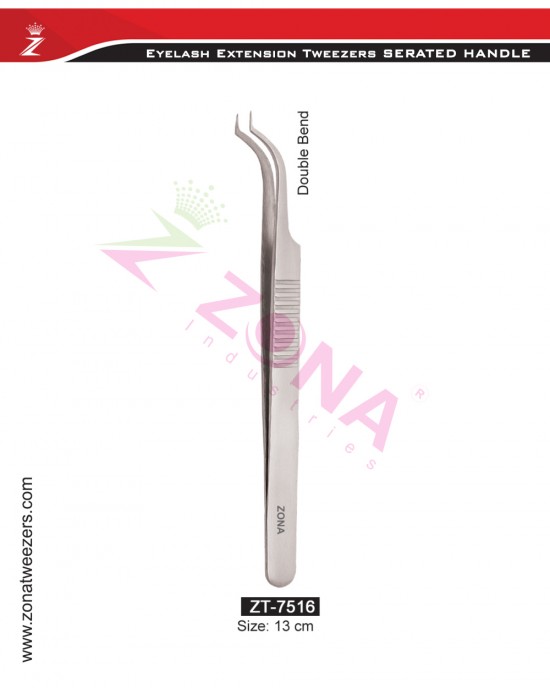 (Serrated Handle) Double Bend Eyelash Extension Tweezers