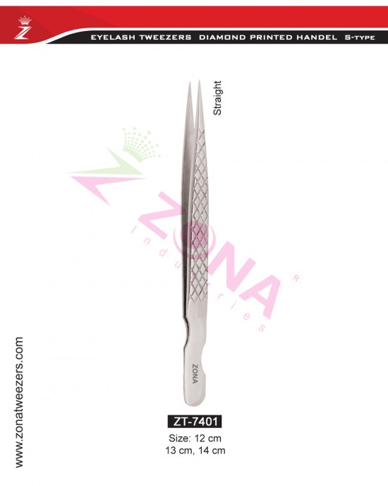 (Diamond Printed Handle S-Type) Straight Eyelash Extension Tweezers