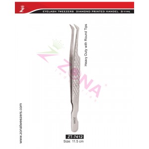 (Diamond Printed Handle S-Type) Heavy Duty With Round Tips Eyelash Extension Tweezers 