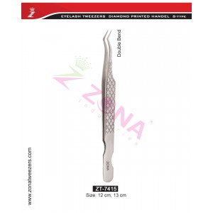 (Diamond Printed Handle S-Type) Double Bend Eyelash Extension Tweezers