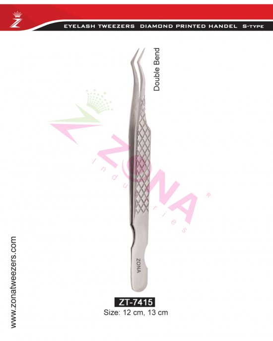 (Diamond Printed Handle S-Type) Double Bend Eyelash Extension Tweezers