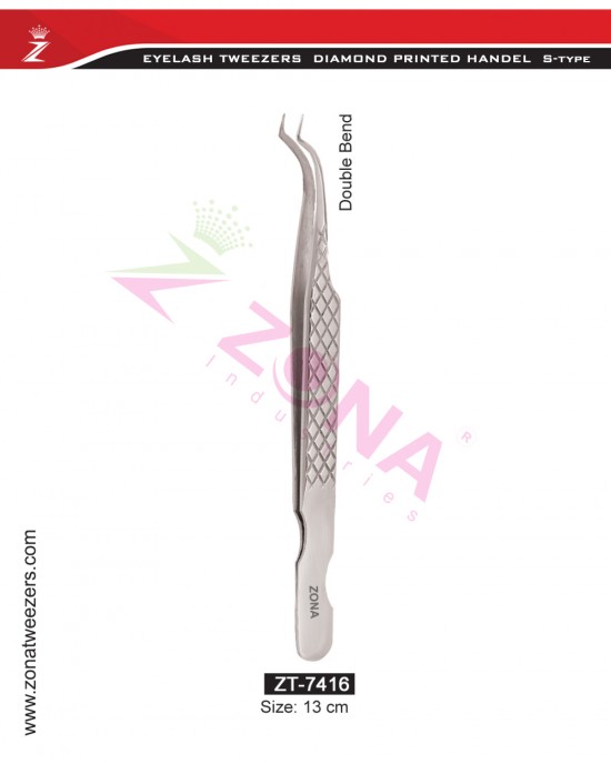 (Diamond Printed Handle S-Type) Double Bend Eyelash Extension Tweezers