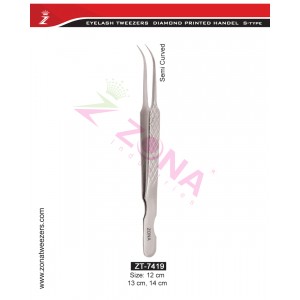 (Diamond Printed Handle S-Type) Semi Curved Eyelash Extension Tweezers