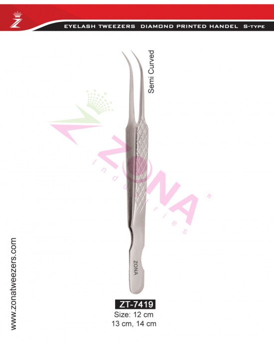 (Diamond Printed Handle S-Type) Semi Curved Eyelash Extension Tweezers