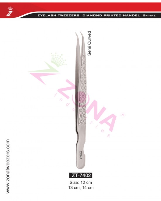 (Diamond Printed Handle S-Type) Semi Curved Eyelash Extension Tweezers