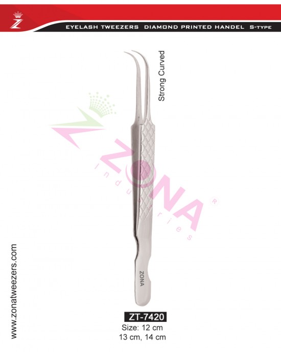 (Diamond Printed Handle S-Type) Strong Curved Eyelash Extension Tweezers