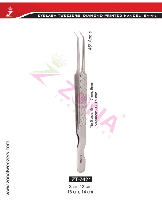 (Diamond Printed Handle S-Type) 45 Degree Angle Eyelash Extension Tweezers