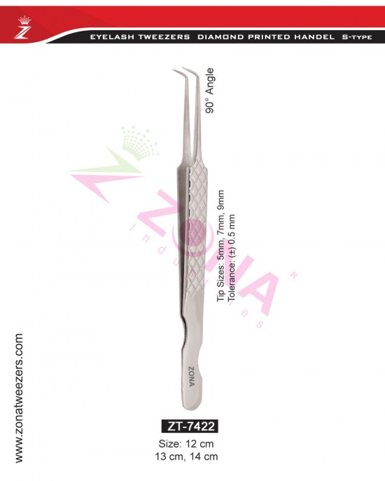 (Diamond Printed Handle S-Type) 90 Degree Angle Eyelash Extension Tweezers