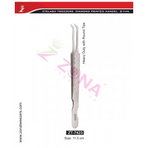 (Diamond Printed Handle S-Type) Heavy Duty With Round Tips Eyelash Extension Tweezers 