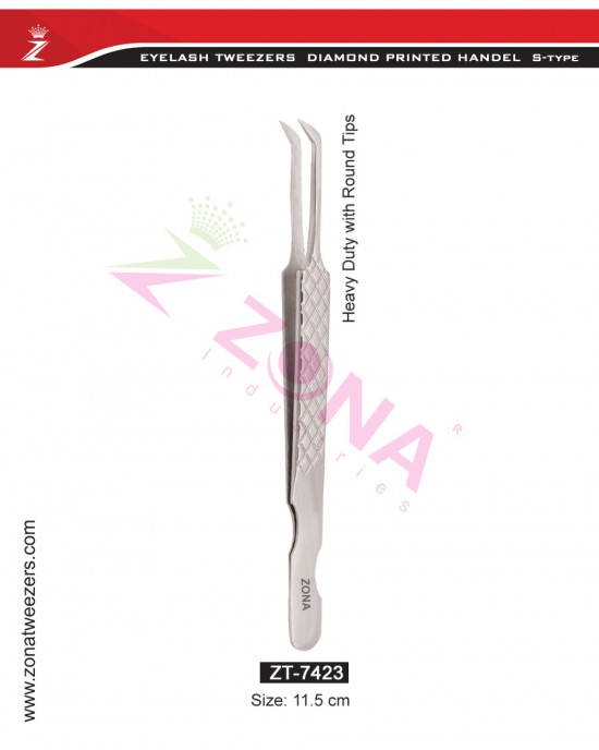 (Diamond Printed Handle S-Type) Heavy Duty With Round Tips Eyelash Extension Tweezers 