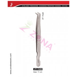 (Diamond Printed Handle S-Type) 25 Degree Angle Eyelash Extension Tweezers 