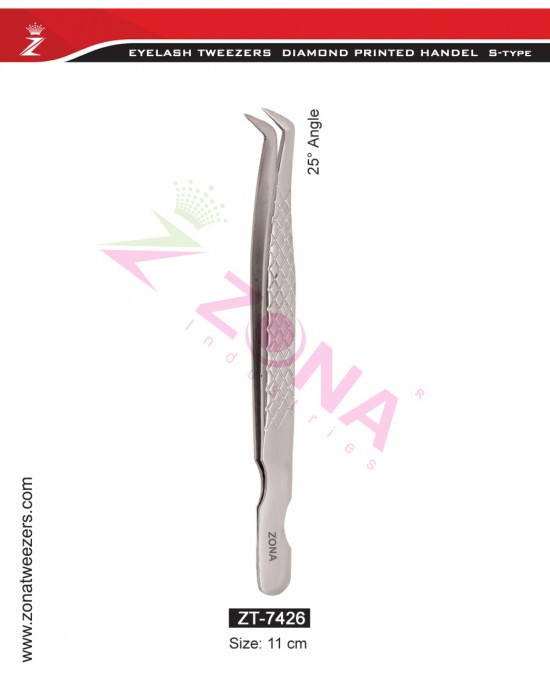 (Diamond Printed Handle S-Type) 25 Degree Angle Eyelash Extension Tweezers 