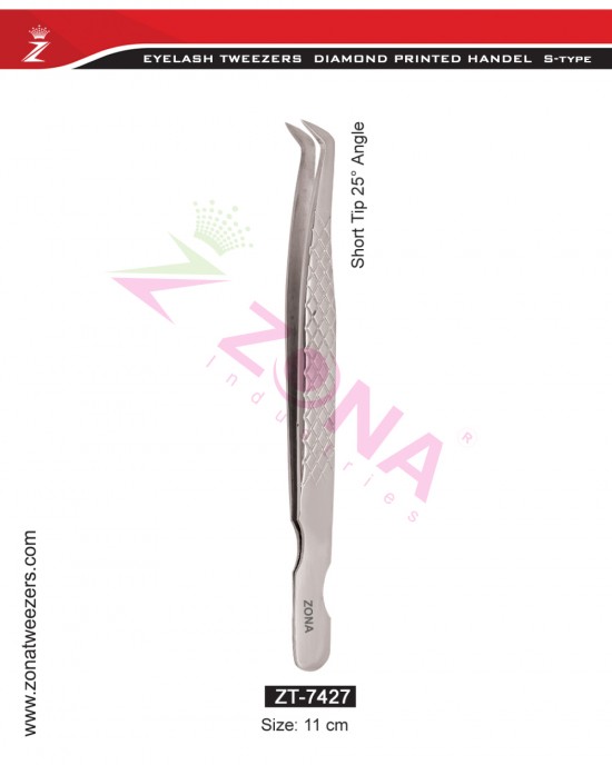 (Diamond Printed Handle S-Type) Short Tip 25 Degree Angle Eyelash Extension Tweezers