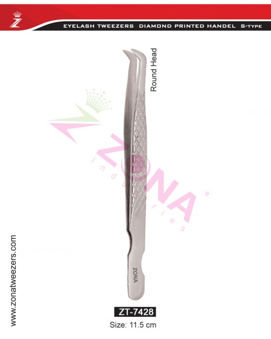 (Diamond Printed Handle S-Type) Round Head Eyelash Extension Tweezers