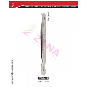 (Diamond Printed Handle S-Type) Flat Head Eyelash Extension Tweezers