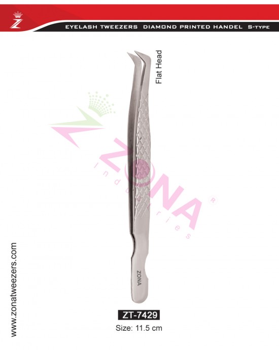 (Diamond Printed Handle S-Type) Flat Head Eyelash Extension Tweezers