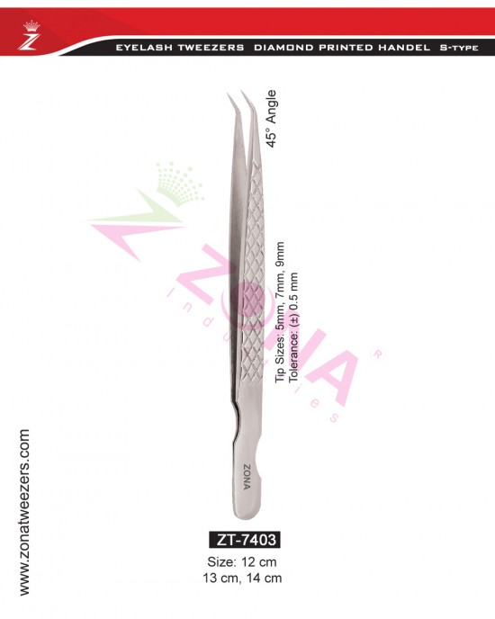 (Diamond Printed Handle S-Type) 45 Degree Angle Eyelash Extension Tweezers
