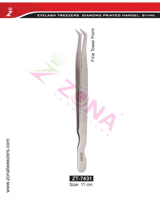 (Diamond Printed Handle S-Type) Fine Tower Point Eyelash Extension Tweezers