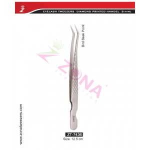 (Diamond Printed Handle S-Type) Bird Beak Point Eyelash Extension Tweezers