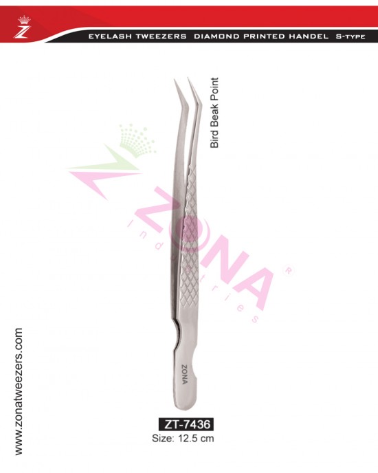 (Diamond Printed Handle S-Type) Bird Beak Point Eyelash Extension Tweezers