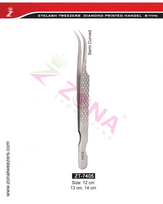 (Diamond Printed Handle S-Type) Semi Curved Eyelash Extension Tweezers