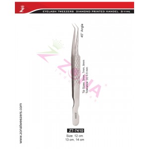 (Diamond Printed Handle S-Type) 45 Degree Angle Eyelash Extension Tweezers