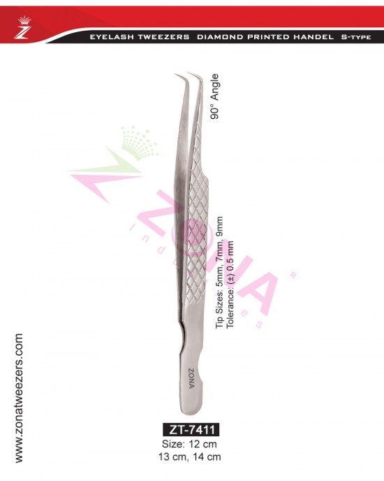 (Diamond Printed Handle S-Type) 90 Degree Angle Eyelash Extension Tweezers